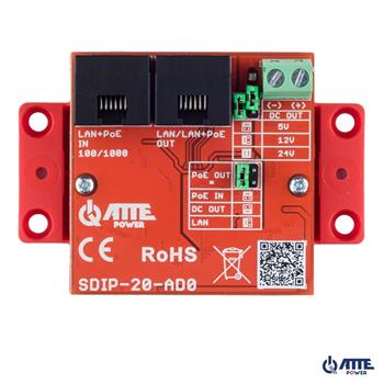 SDIP-20-AD0 Gigabitový ethernetový PoE adaptér se sníženým napětím 5V/12V/24V, výkon max. 20W 802.3at/af a PASSIVE